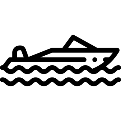 Line art of a boat on wavy water.